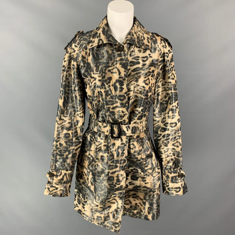 CARLISLE Size 10 Tan & Black Animal Print Polyester Belted Coat Quilted Jacket Anorak Windbreaker CARLISLE Size 10 Tan & Black Animal Print Polyester Belted Coat Quilted Jacket Anorak Windbreaker