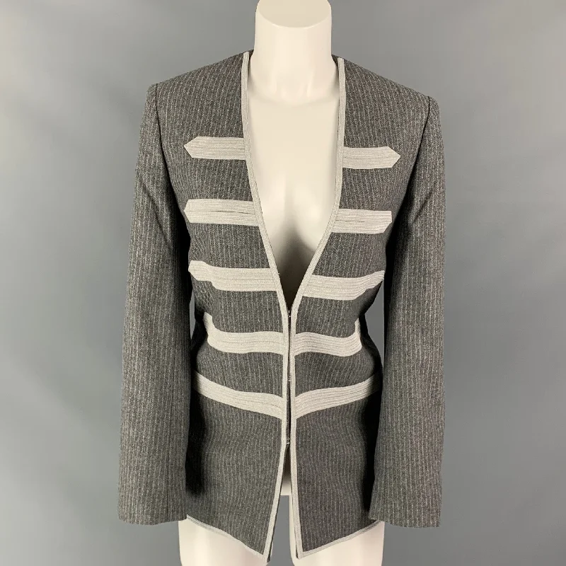 ZADIG & VOLTAIRE Size 4 Grey & Silver Wool Blend Pinstripe Military Coat Front Pockets Side Pockets Patch Pockets ZADIG & VOLTAIRE Size 4 Grey & Silver Wool Blend Pinstripe Military Coat Front Pockets Side Pockets Patch Pockets
