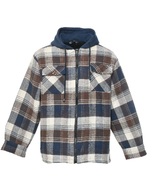 Checked Hooded Jacket - L Welt Pockets Slit Pockets Flap Pockets