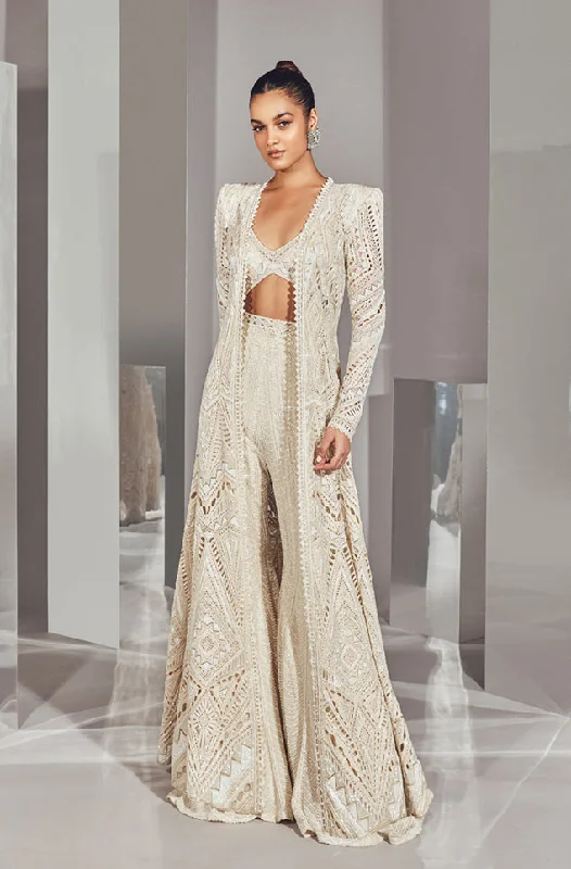 Alla Ivory Sharara Set With Jacket Herringbone Jacket Houndstooth Jacket Plaid Jacket