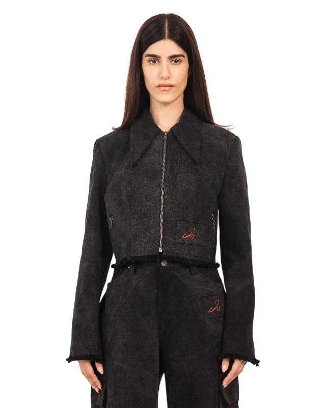 BLACK ACID WASH DENIM CROP BLAZER Women's Trendy Suit