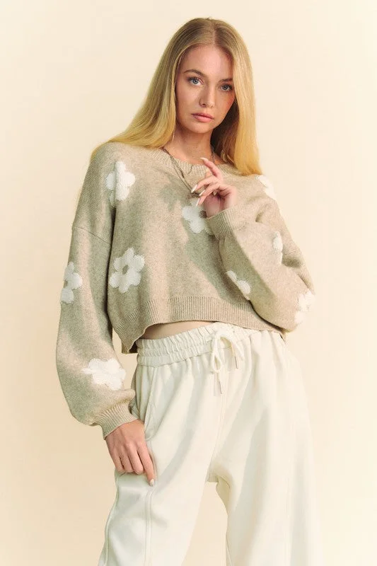 Blue Zone Planet |  Davi & Dani Floral Drop Shoulder Cropped Sweater Transparent Opaque Sheer