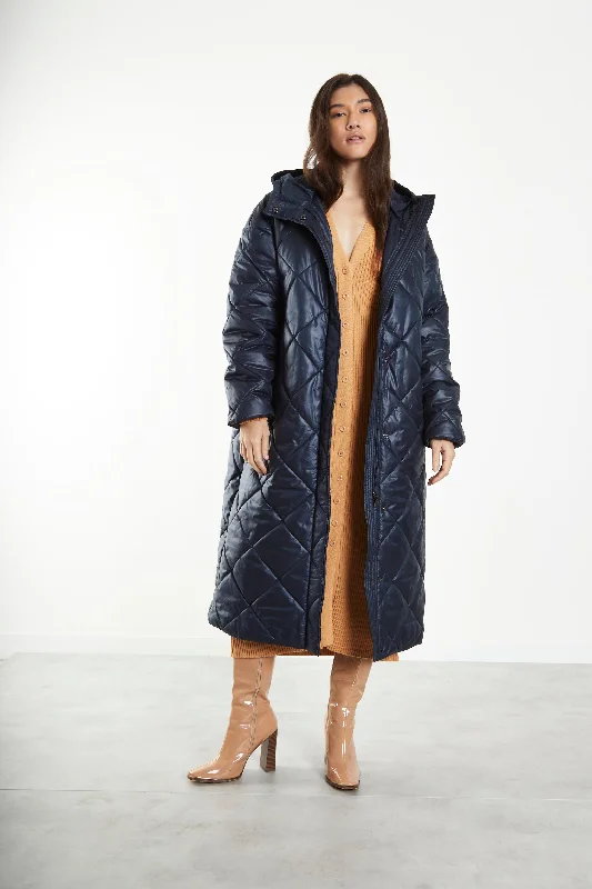 Glamorous Black Longline Puffer Coat with Hood Solid Print Jacquard