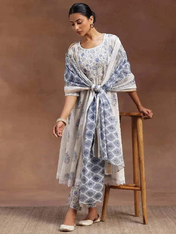 White Printed Cotton A-line Kurta With Trousers & Dupatta Trousers Prom Sequined