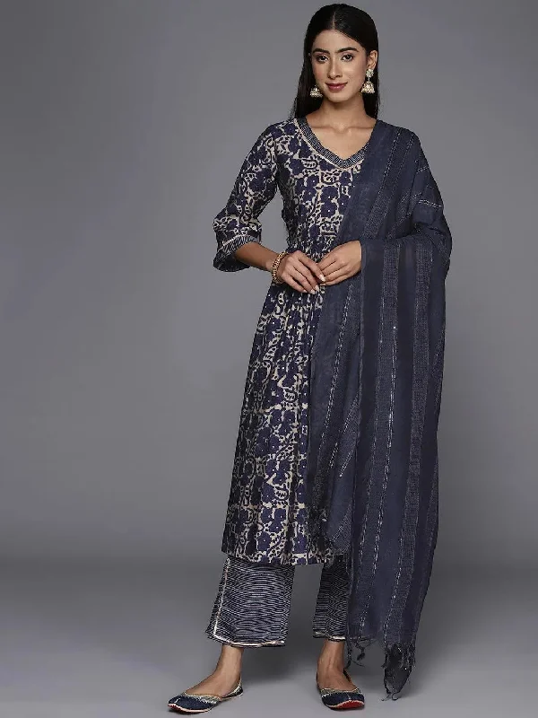 Blue Printed Silk Blend A-Line Kurta With Trousers & Dupatta Trousers luxurious high-end Blue Printed Silk Blend A-Line Kurta With Trousers & Dupatta Trousers luxurious high-end