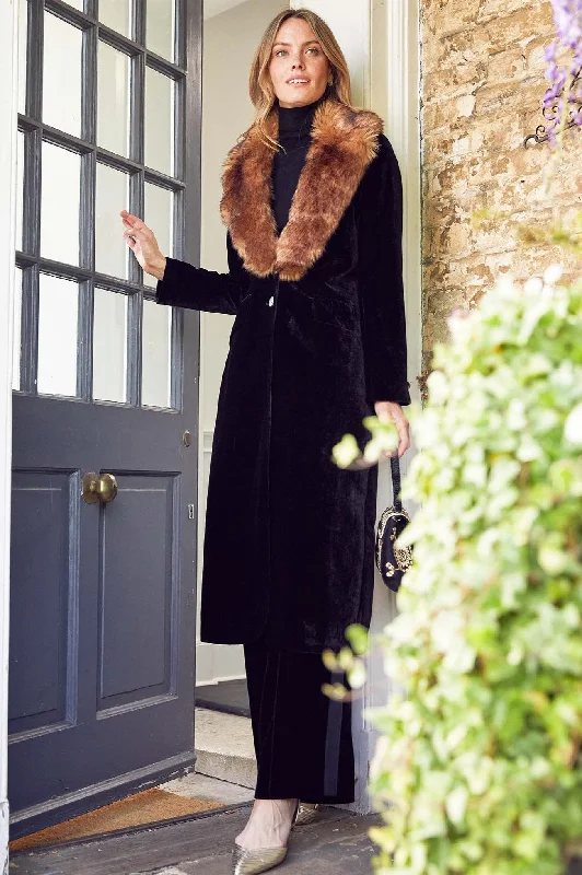 Velvet Opera Coat With Detachable Fur | Black Chenille Brocade Lace