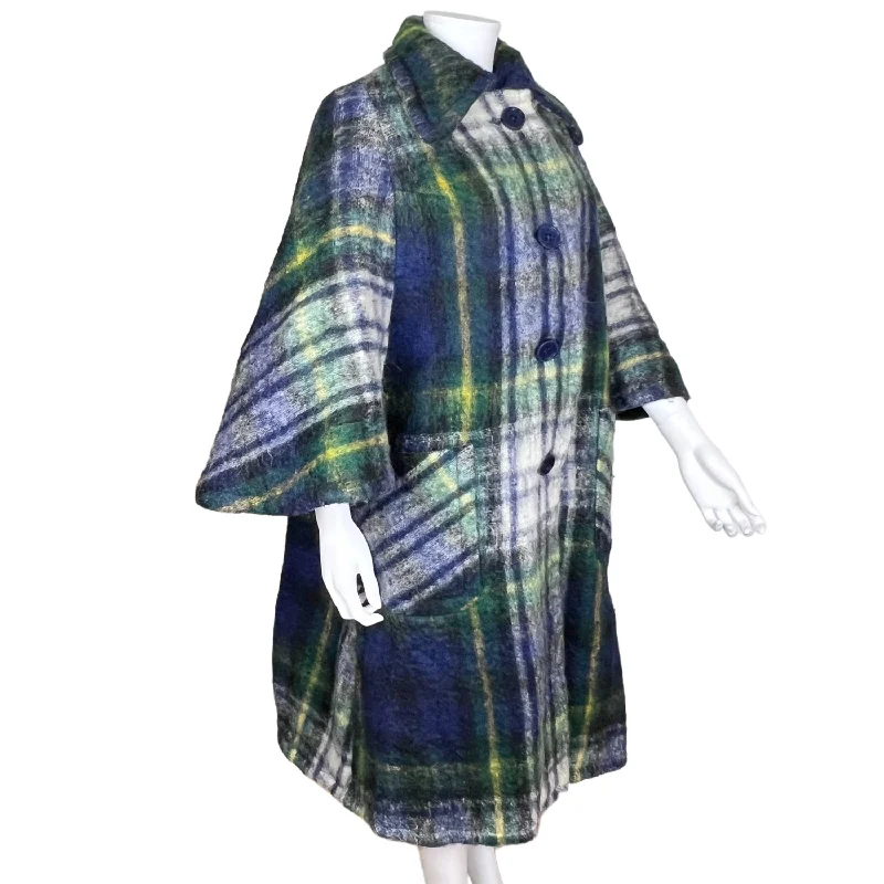 1960s Vintage Mohair Plaid Coat w Cape Sleeves Ladies Size M Buttoned Toggled Snapped 1960s Vintage Mohair Plaid Coat w Cape Sleeves Ladies Size M Buttoned Toggled Snapped