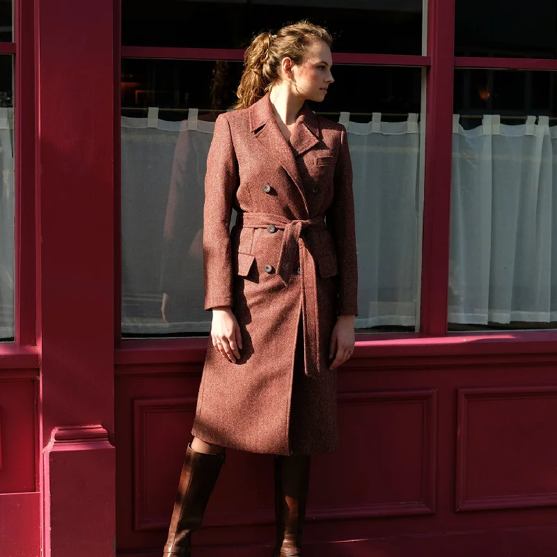 Double-Breasted Tweed Trench Coat in Burgundy Herringbone Embroidered Appliqued Beaded Double-Breasted Tweed Trench Coat in Burgundy Herringbone Embroidered Appliqued Beaded