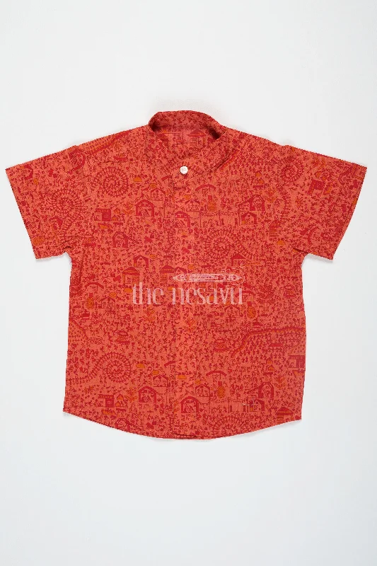 Boys Cotton Shirt in Red Warli Print with Half Sleeves Night Dresses Trouser Shirt Trousers Modern Contemporary