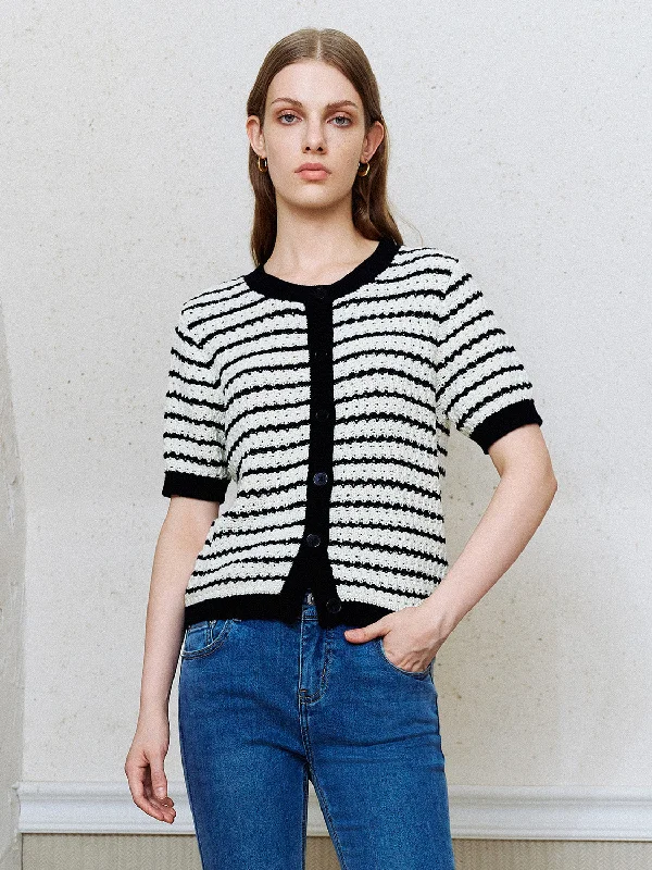 Short Sleeve Striped Knitted Cardigans Chenille Blend Fleece Blend Nylon Blend