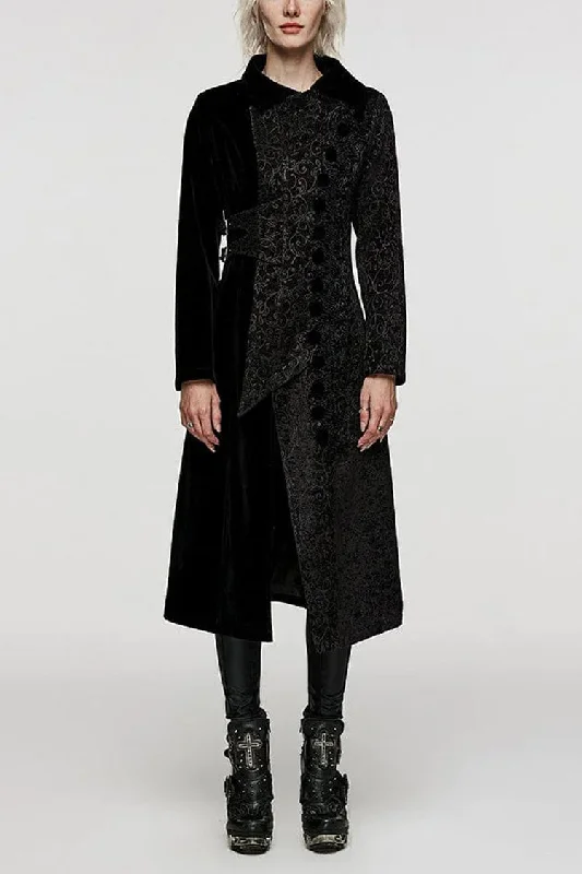 Black Stand Collar Jacquard Print Stitching Womens Gothic Coat Welt Pockets Slit Pockets Flap Pockets Black Stand Collar Jacquard Print Stitching Womens Gothic Coat Welt Pockets Slit Pockets Flap Pockets