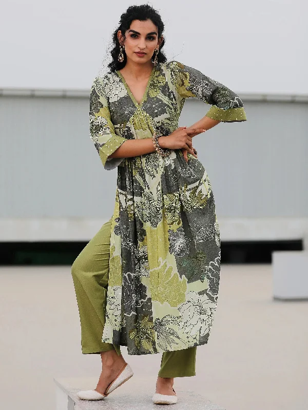 Green Printed Rayon A-Line Kurta With Trousers Wide Leg Loose Fit Mid Waist