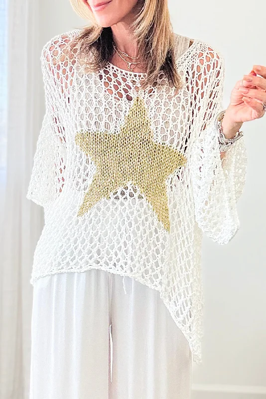White Star Graphic Crochet Knitted Summer Sweater Top Welt Pockets Slit Pockets Flap Pockets