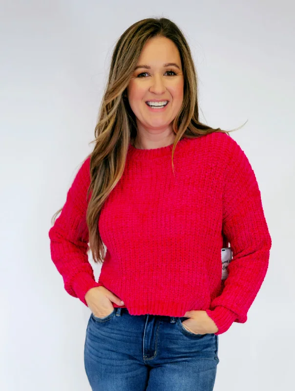 CHENILLE ROUND NECK CROP SWEATER - VIVA MAGENTA Stylish Fashionable Trendy