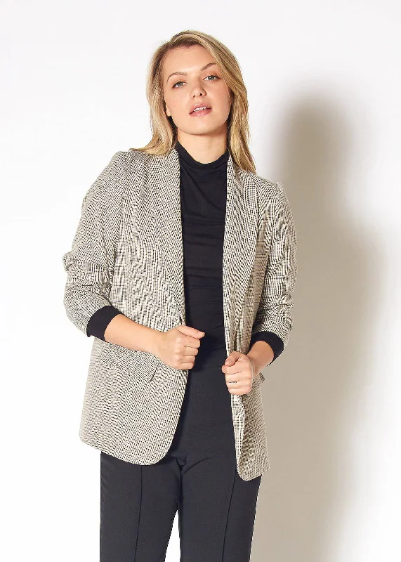 Pleione Women's Open Front Blazer in Black Houndstooth Plaid Women's High-End Blazer