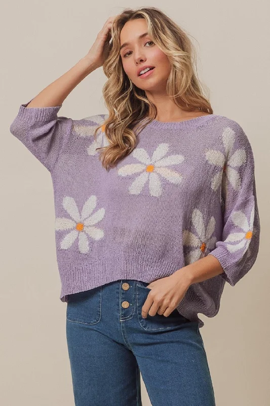 Blue Zone Planet | Bibi Floral Pattern Slit Sweater Nylon Fabric Polyester Fabric Spandex Fabric Blue Zone Planet | Bibi Floral Pattern Slit Sweater Nylon Fabric Polyester Fabric Spandex Fabric