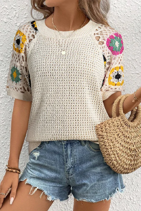 Blue Zone Planet |  Apricot Hollow Out Floral Crochet Short Sleeve Crewneck Sweater Plaid Sweater Polka Dot Checkered