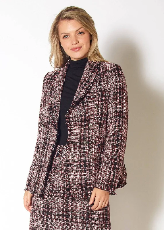 Pleione Fringe Hem Plaid Tweed Blazer in Red Black Tweed Women's Premium Blazer