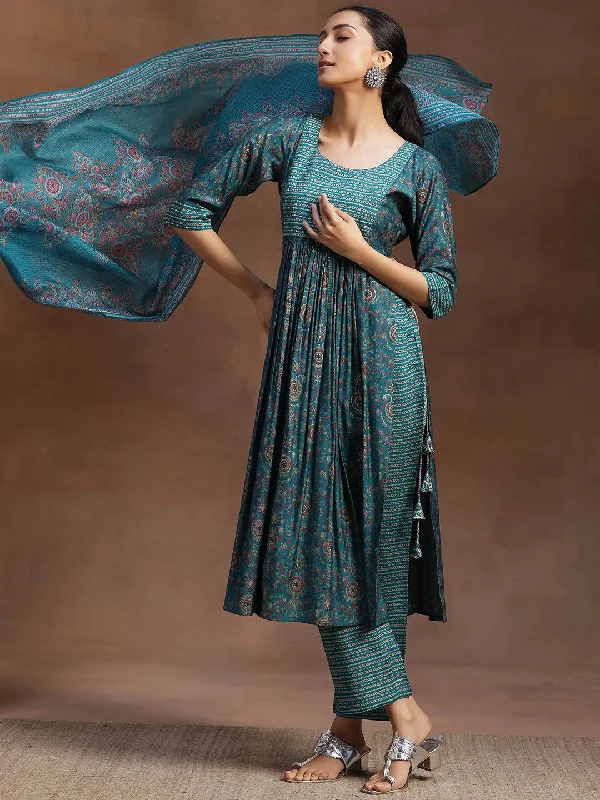 Rama Green Printed Silk Blend A-Line Kurta With Trousers & Dupatta High Waist Slim Fit Ankle Length Rama Green Printed Silk Blend A-Line Kurta With Trousers & Dupatta High Waist Slim Fit Ankle Length
