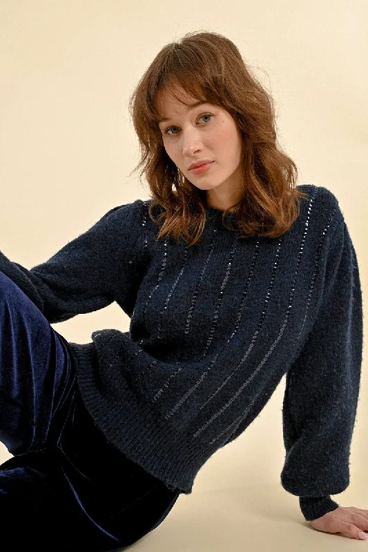 LONG SLEEVE ROUND NECK KNIT SWEATER - NAVY BLUE Satin Blend Silk Blend Wool Blend