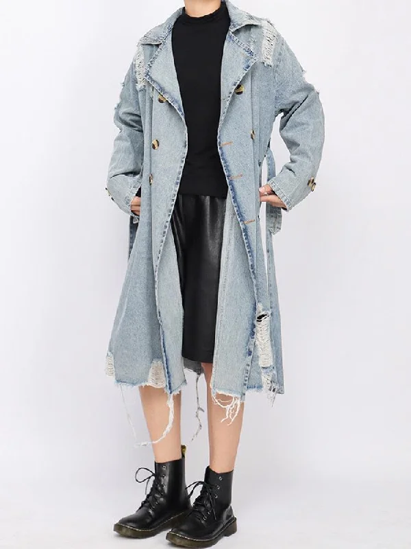 Distressed Denim Trench Coat Chenille Brocade Lace