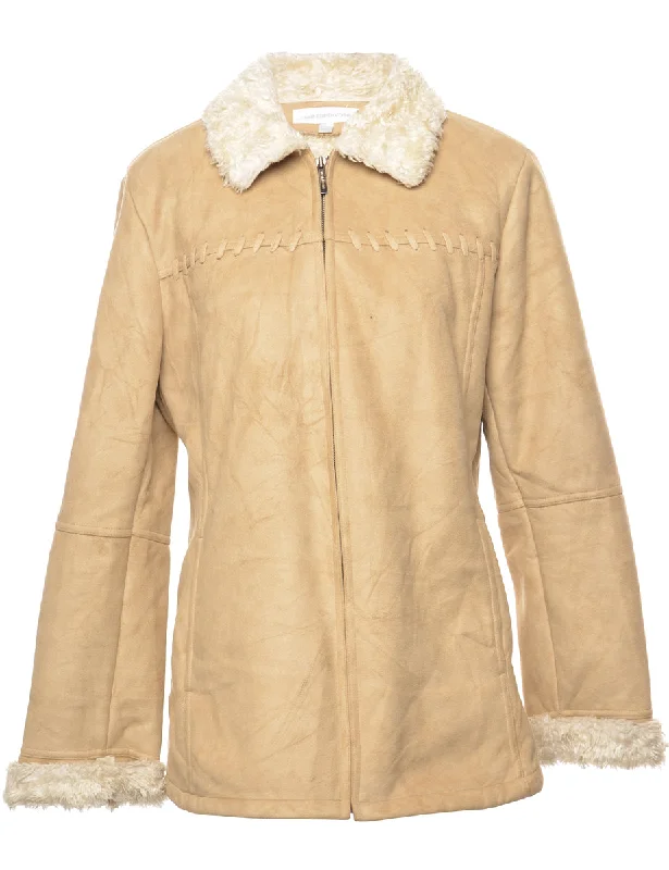 Light Brown Shearling Lined Zip-Front Jacket - M Herringbone Jacket Checkered Jacket Solid Jacket Light Brown Shearling Lined Zip-Front Jacket - M Herringbone Jacket Checkered Jacket Solid Jacket