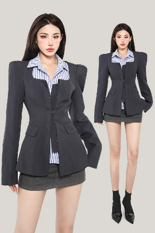 Silia Solid Color Korean Style Well Fitted Long Sleeve Blazer Multi-Pocket Slim Cargo Mini Skirt Matching Set Women's Advanced Suit