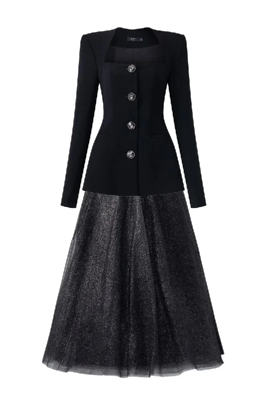 BLACK LONG SLEEVE TRAPEZOID NECKLINE BLAZER AND SKIRT SET Women's Vintage Suit