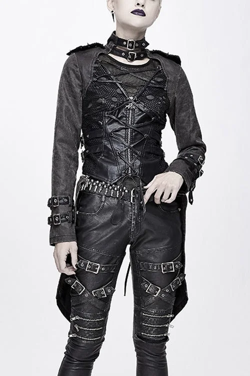 Black Spiked Zipper Up Punk Mesh Womens Coat With Loops Down Puffer Quilted