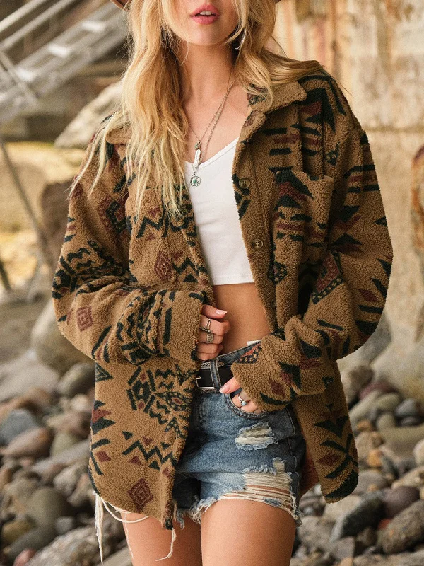 Hazel Blues® |  Geometric Button Up Long Sleeve Sherpa Jacket Fleece Fabric Down Fabric Feather Fabric