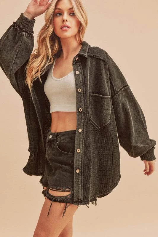 Aemi + Co Acid Washed Exposed Seam Button Up Jacket in Black Cardigan Sweater Pullover Aemi + Co Acid Washed Exposed Seam Button Up Jacket in Black Cardigan Sweater Pullover
