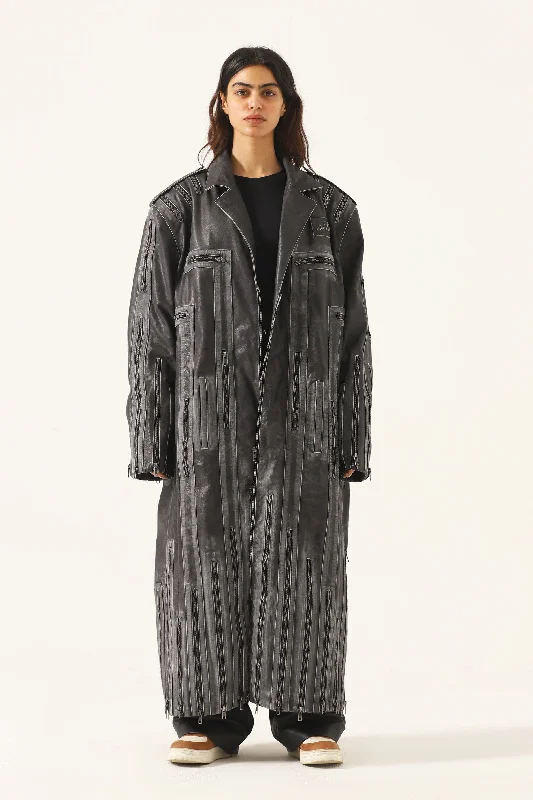 "VEGAS IN THE DARK" LEATHER LONG COAT Boat Neck Jacket Square Neck Jacket One-Shoulder Jacket "VEGAS IN THE DARK" LEATHER LONG COAT Boat Neck Jacket Square Neck Jacket One-Shoulder Jacket