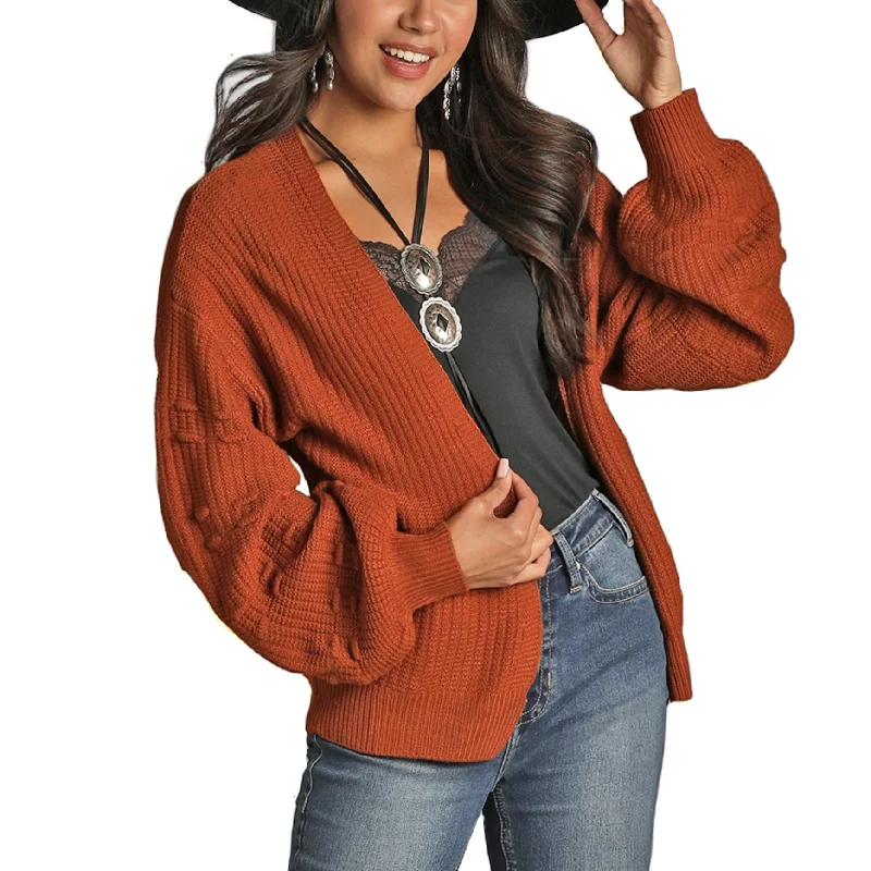 Rock & Roll Cowgirl Ladies Open Front Rust Knit Cardigan 46-1159-90 Zippered Buttoned Snapped Rock & Roll Cowgirl Ladies Open Front Rust Knit Cardigan 46-1159-90 Zippered Buttoned Snapped