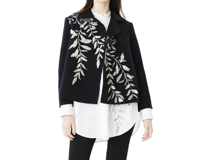 Beaded Embroidery Open Front Wool Blazer In Black Women's Trendy Jacket