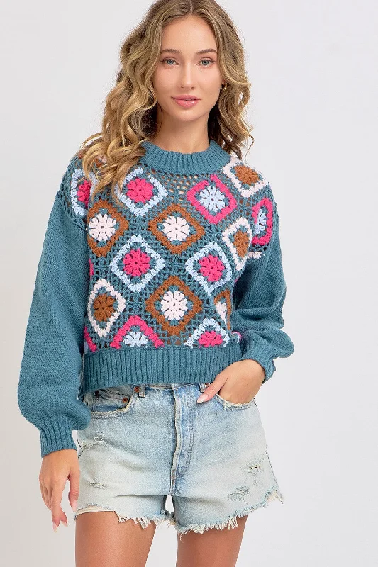 PATCHWORK SWEATER - TEAL Striped Floral Plaid