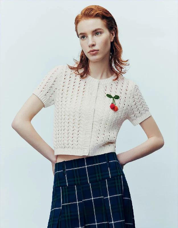 Fruit Embroidered Crew Neck Knitted Cardigan Modern Contemporary chic