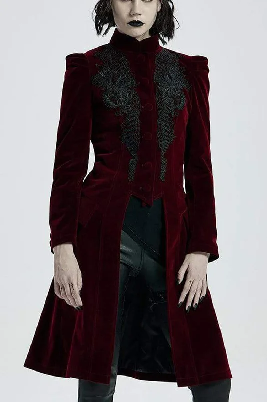 Red Gothic Velvet Stand Up Collar Front Chest Decals Back Waist Lace Up Women's Coat Fleece Down Feather Red Gothic Velvet Stand Up Collar Front Chest Decals Back Waist Lace Up Women's Coat Fleece Down Feather