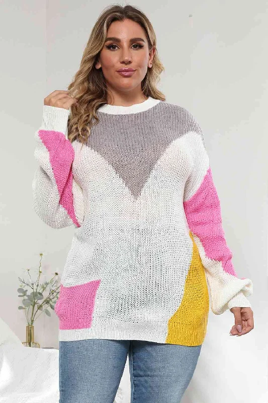 Plus Size Color Block Round Neck Sweater Jersey Fabric Tulle Fabric Batik Fabric