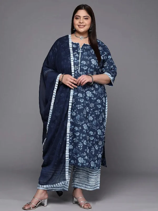 Plus Size Blue Printed Cotton Straight Kurta With Trousers & Dupatta Trousers Handmade Artisanal Plus Size Blue Printed Cotton Straight Kurta With Trousers & Dupatta Trousers Handmade Artisanal