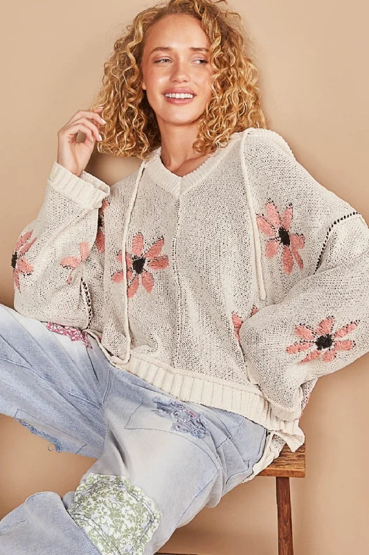 Blue Zone Planet | Pol Floral Pattern Hooded High-Low Sweater Polka Dot Checkered Tartan Blue Zone Planet | Pol Floral Pattern Hooded High-Low Sweater Polka Dot Checkered Tartan