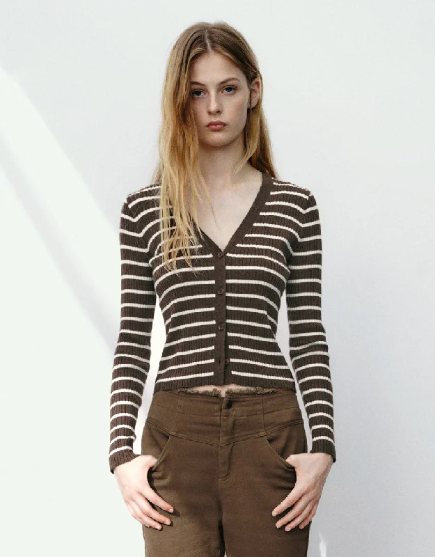 Striped V-Neck Knitted Cardigan Chenille Fabric Brocade Fabric Lace Fabric