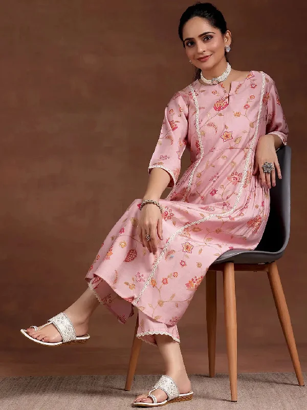 Pink Printed Silk Blend A-Line Kurta With Trousers Trousers Review Highly