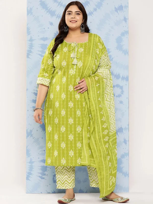 Lime Green Printed Cotton Straight Kurta With Trousers and Dupatta Trousers Brand Named Lime Green Printed Cotton Straight Kurta With Trousers and Dupatta Trousers Brand Named
