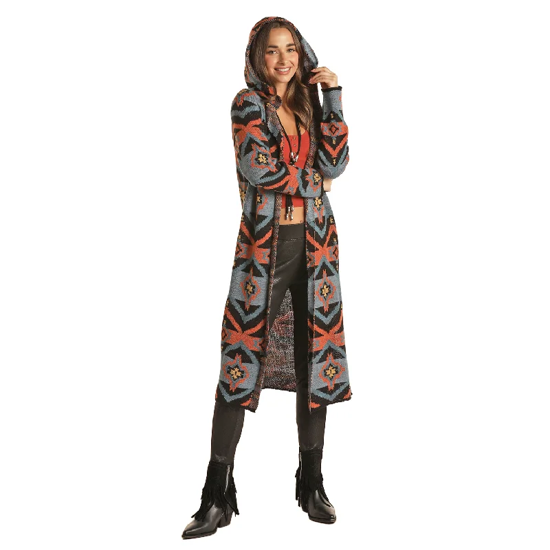 Rock & Roll Cowgirl Ladies Multicolor Aztec Knit Cardigan RRWT95R03Y-99 Hooded Caped Shawl Collar