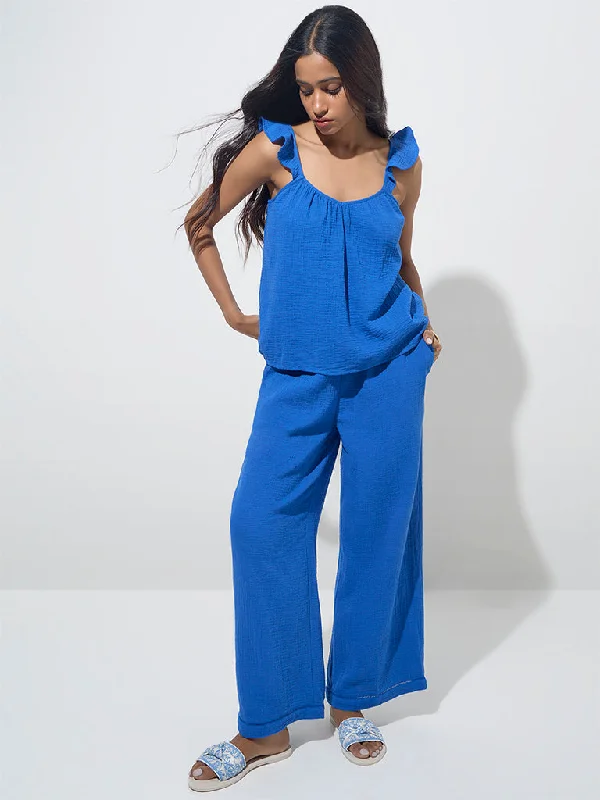 LOV Blue Crinkle-Textured High-Rise Trousers Wide Leg Loose Fit Mid Waist