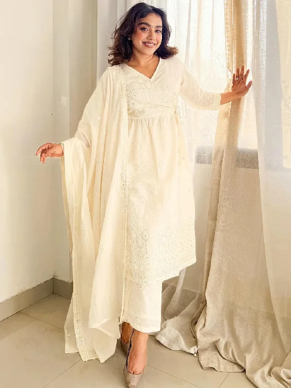Off White Embroidered Cotton A-Line Kurta With Trousers & Dupatta Trousers chic fashionable Off White Embroidered Cotton A-Line Kurta With Trousers & Dupatta Trousers chic fashionable