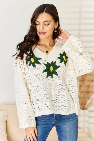 Blue Zone Planet |  Pol Floral Embroidered Pattern V-Neck Sweater Terry Terry Cloth Terry Knit
