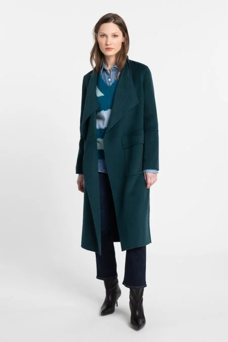 Kinross Cashmere Long Drape Front Coat Tie-Waist Belted Drawstring