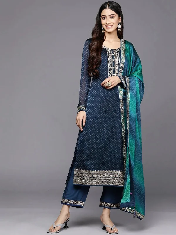 Blue Printed Chiffon Straight Kurta With Trousers & Dupatta Trousers Vintage Classic