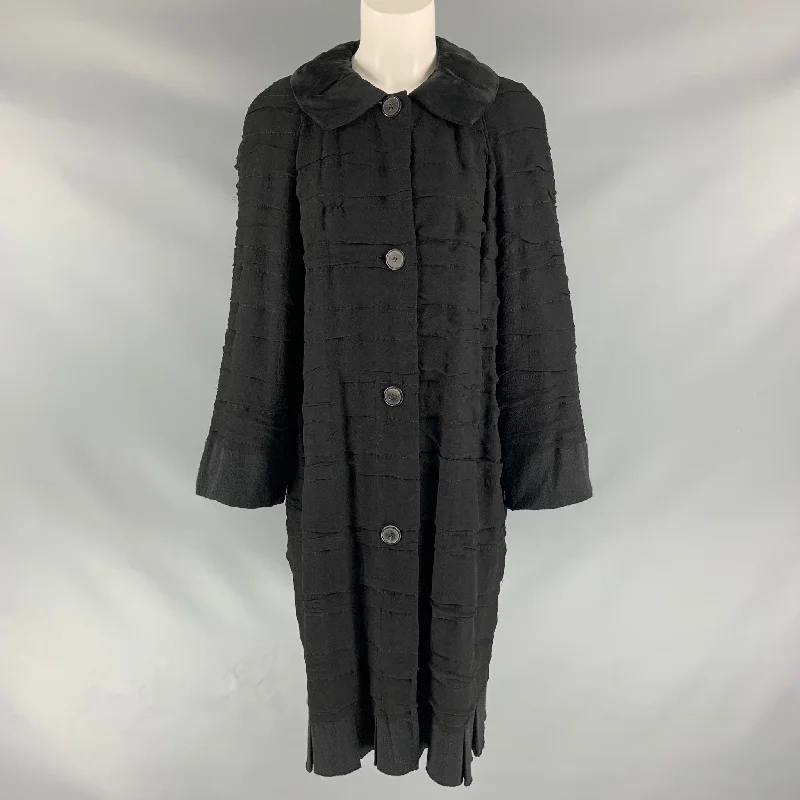 LANVIN Size 8 Black Silk Blend Ruched Coat Elasticated Drawstring Belted